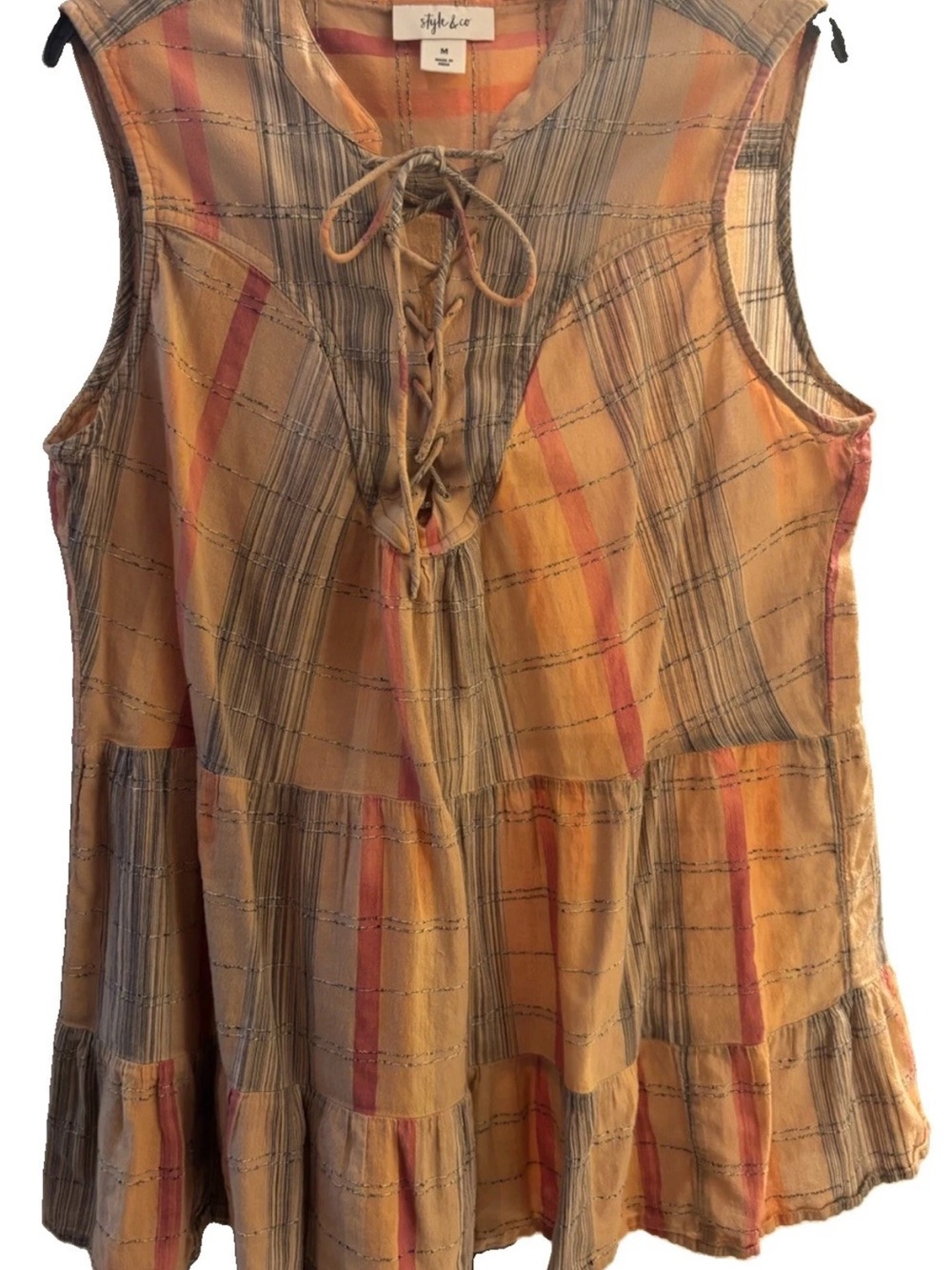 Style & Co. Sleeveless Lace-Up Neckline Tiered Ruffle Hem Striped Tunic Top